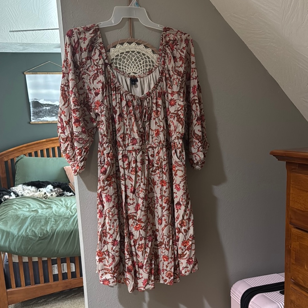 Floral Print Dress with Red and White Pattern